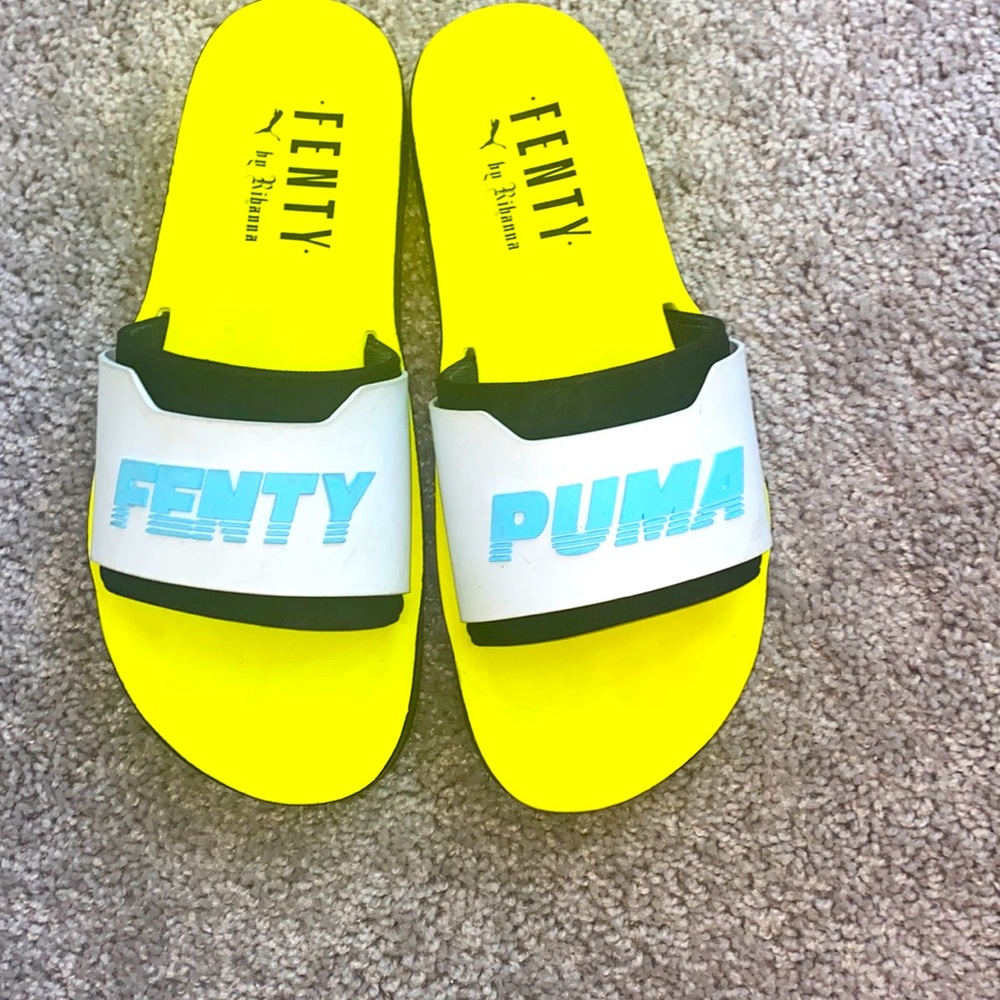 Fenty slides gently worn size 7.5 neon yellow with white and blue emblem